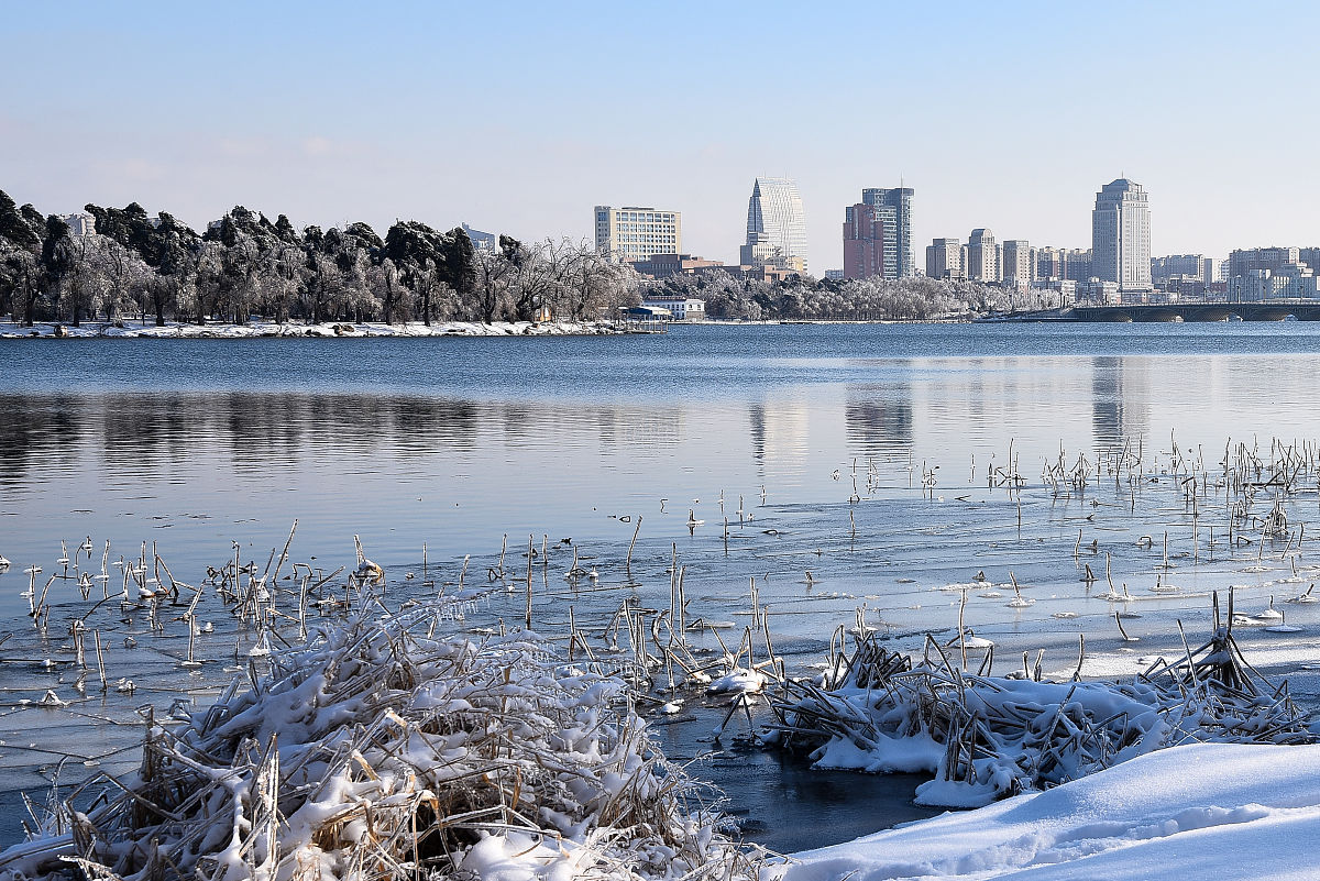 2020年11月20日,一场冻雨加大雪之后,长春整个城市变成水晶世界,南湖
