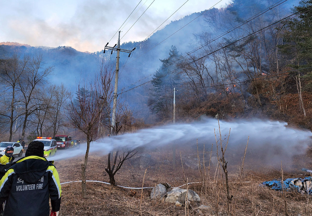 当地时间2022年3月6日,韩国江原三陟市,森林大火彻夜难熄,消防人员正
