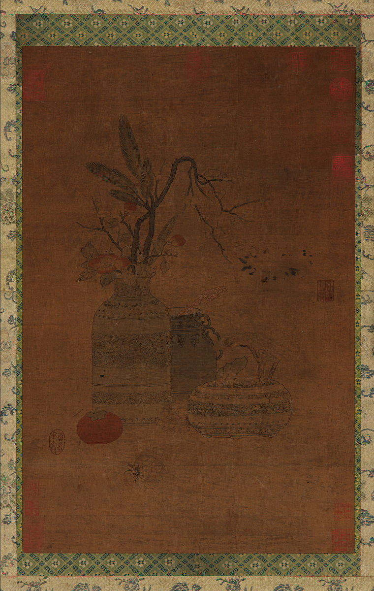 tapestry: a bowl, two jars, flowers, and fruit, possibly ming dy