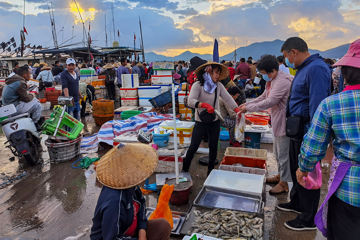 2022年1月17日,海南陵水,新村码头渔港春节前夕海产品丰富,前来购买的