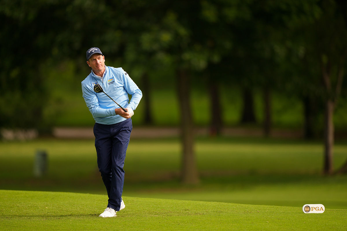 tulsa, ok - may 28: jim furyk hits his tee shot on the ninth hol