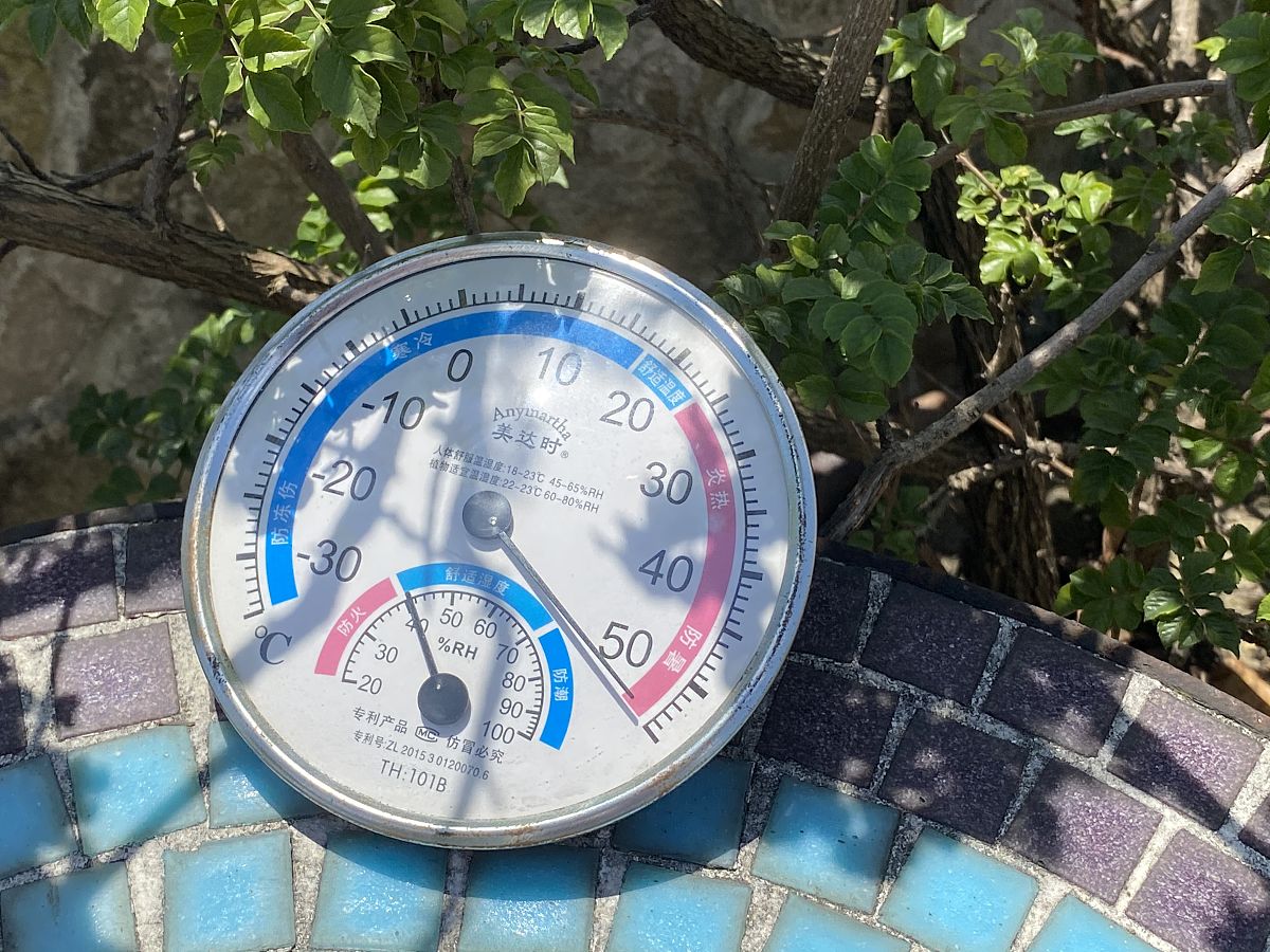 2020年8月1日,周末上海高温预警,户外温度计5分钟就突破极限50度.