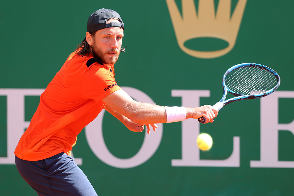 monte-carlo, monaco - april 13: lucas pouille of france plays a 