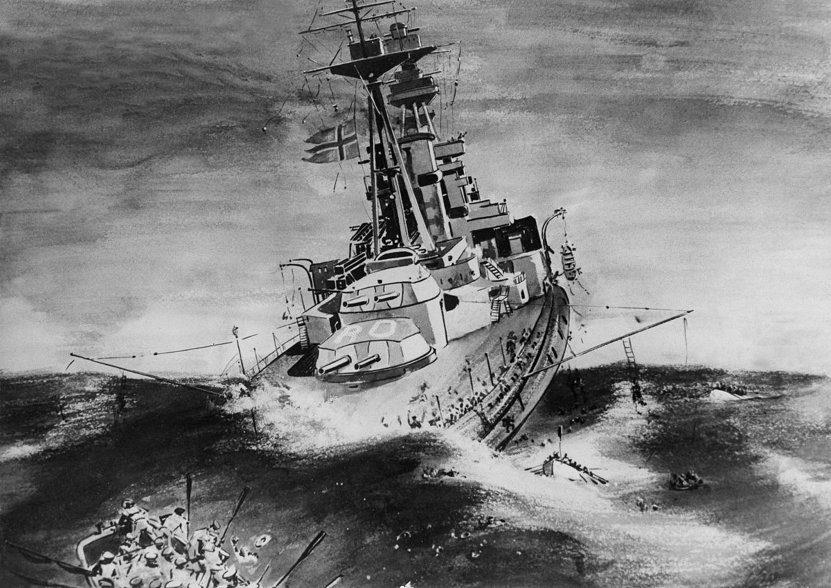 (插画)1939年10月14日夜,英国南部的斯卡帕军港,三万吨级"皇家橡树"号
