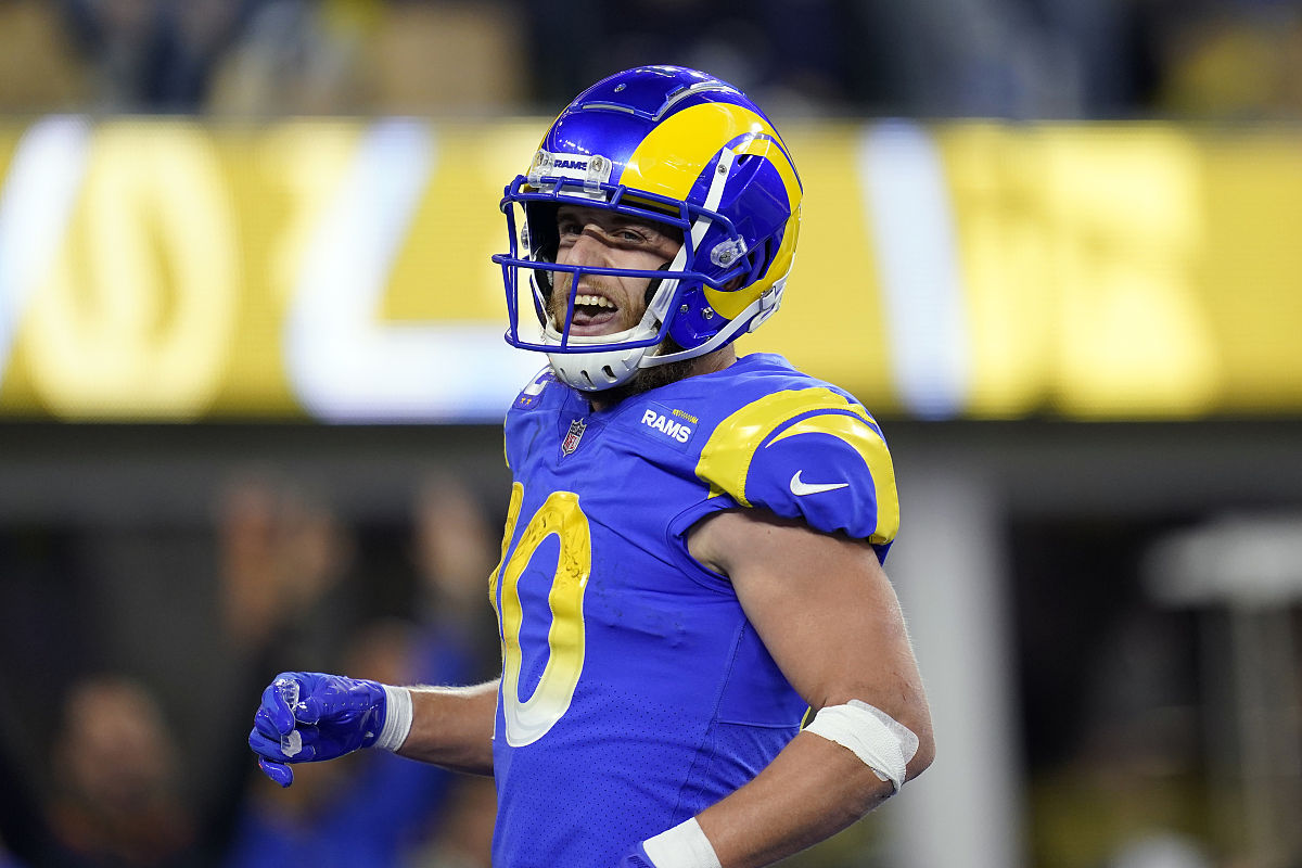 los angeles rams wide receiver cooper kupp (10) smiles after a t