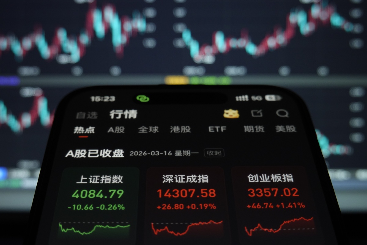 2026年3月16日,江苏海安,股民查看当日a股收盘行情.