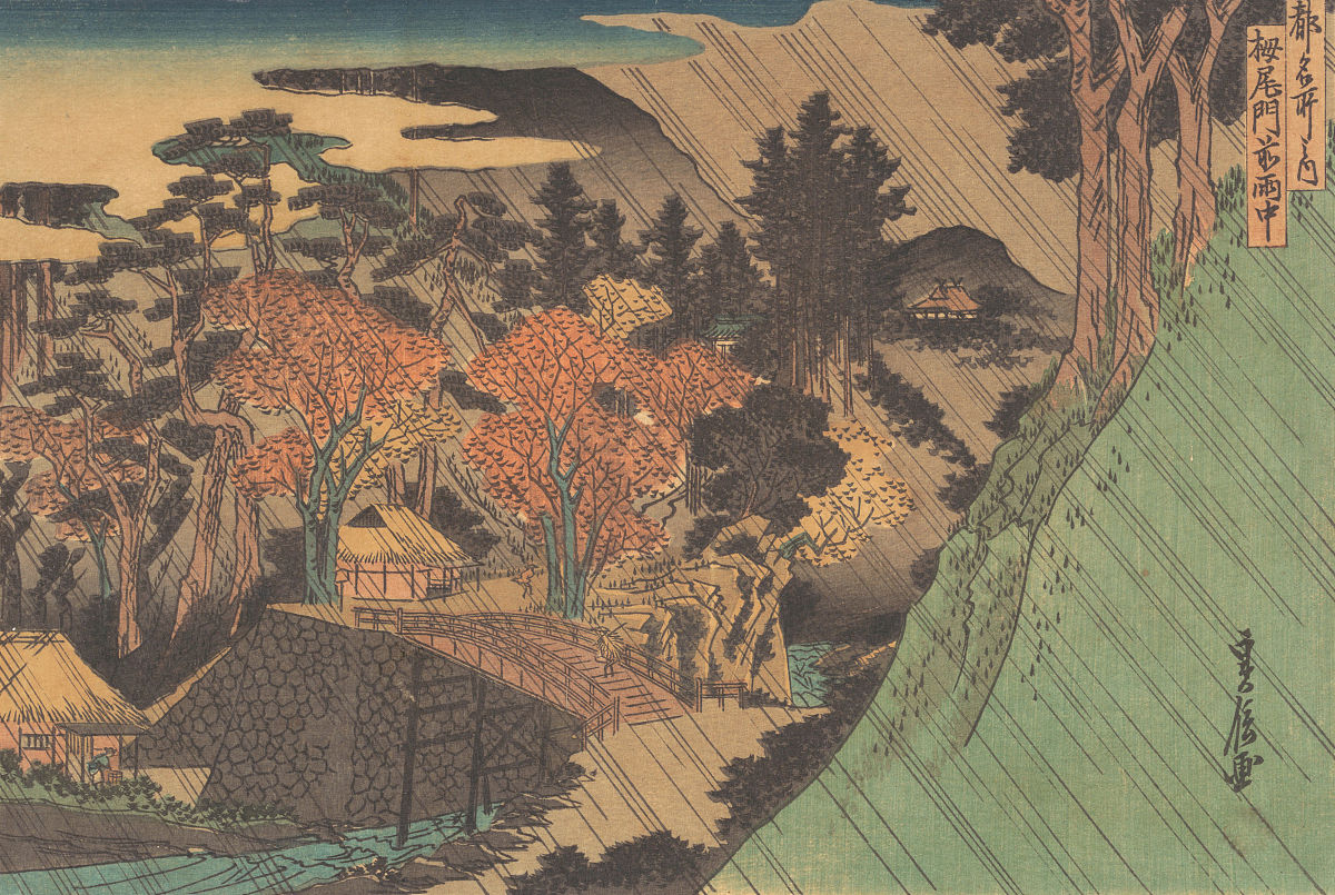 rain at the togano gate, mid 19th century. artist hasegawa sadan
