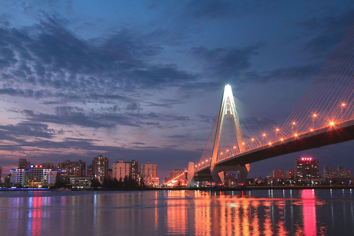 2015年6月6日,海南海口,海口地标建筑世纪大桥夜景.