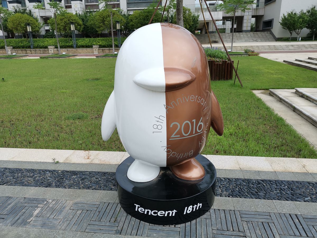 2019年6月30日,武汉学院腾讯广场,数十个造型各异的qq企鹅公仔引人注