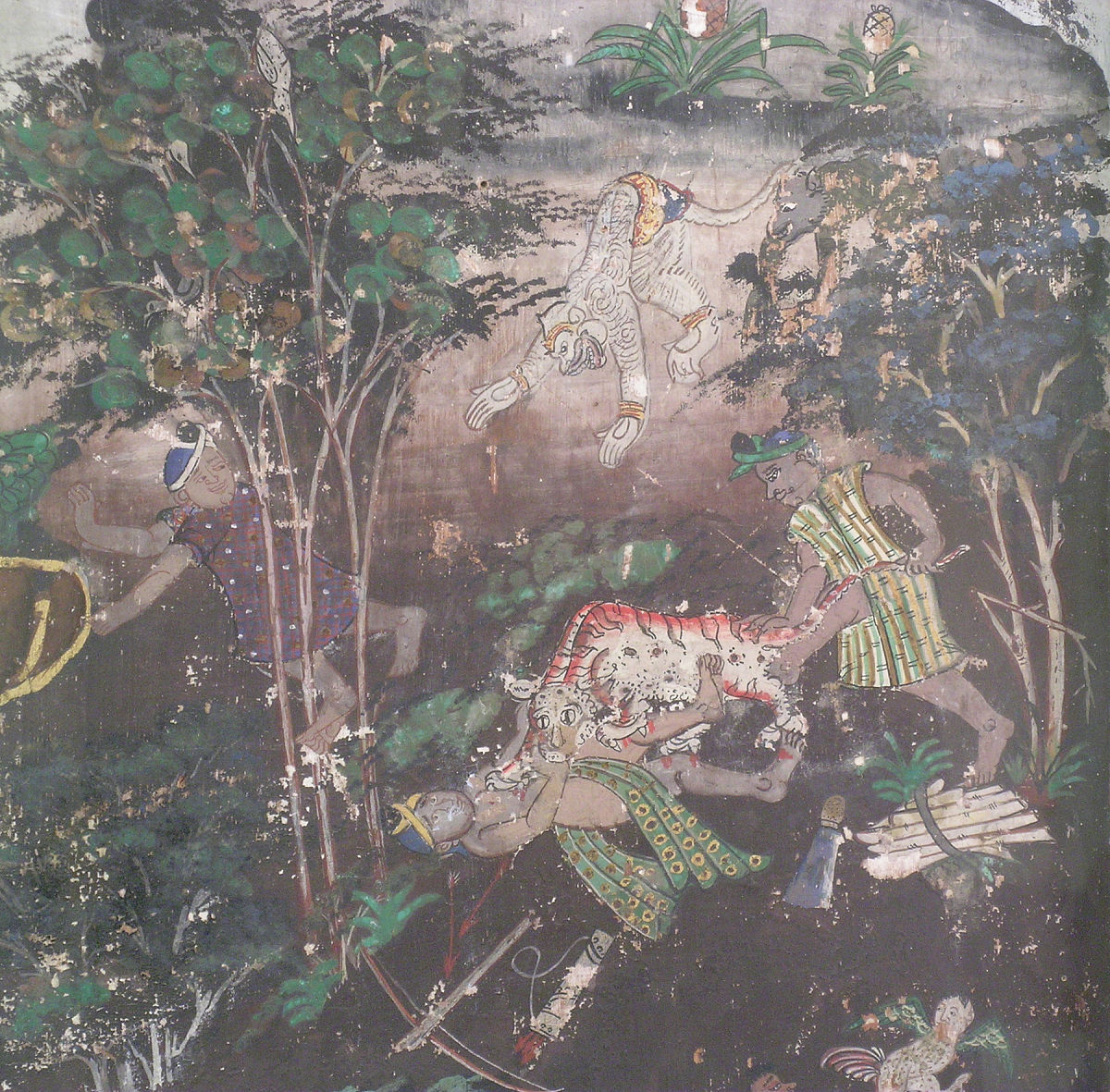 painting depicting a landscape with people, animals and birds, t
