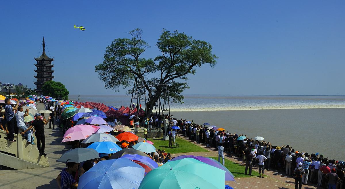 2011年9月15日,游客在浙江海宁市盐官观潮景区观看"一线潮"景观.据预