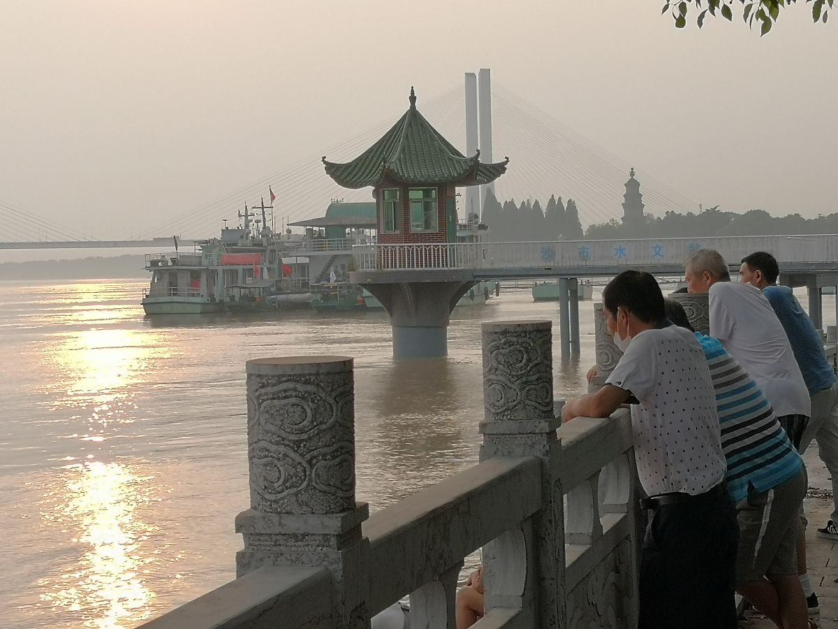 2020年7月20日,湖北荆州,市民在沙市水文站看汛情.