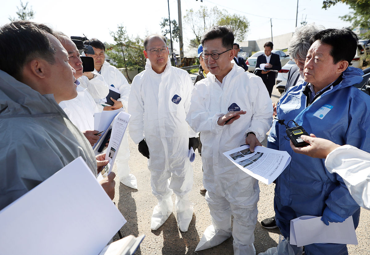 当地时间2019年9月19日,韩国金浦,当地加强防疫应对非洲猪瘟,韩国农林