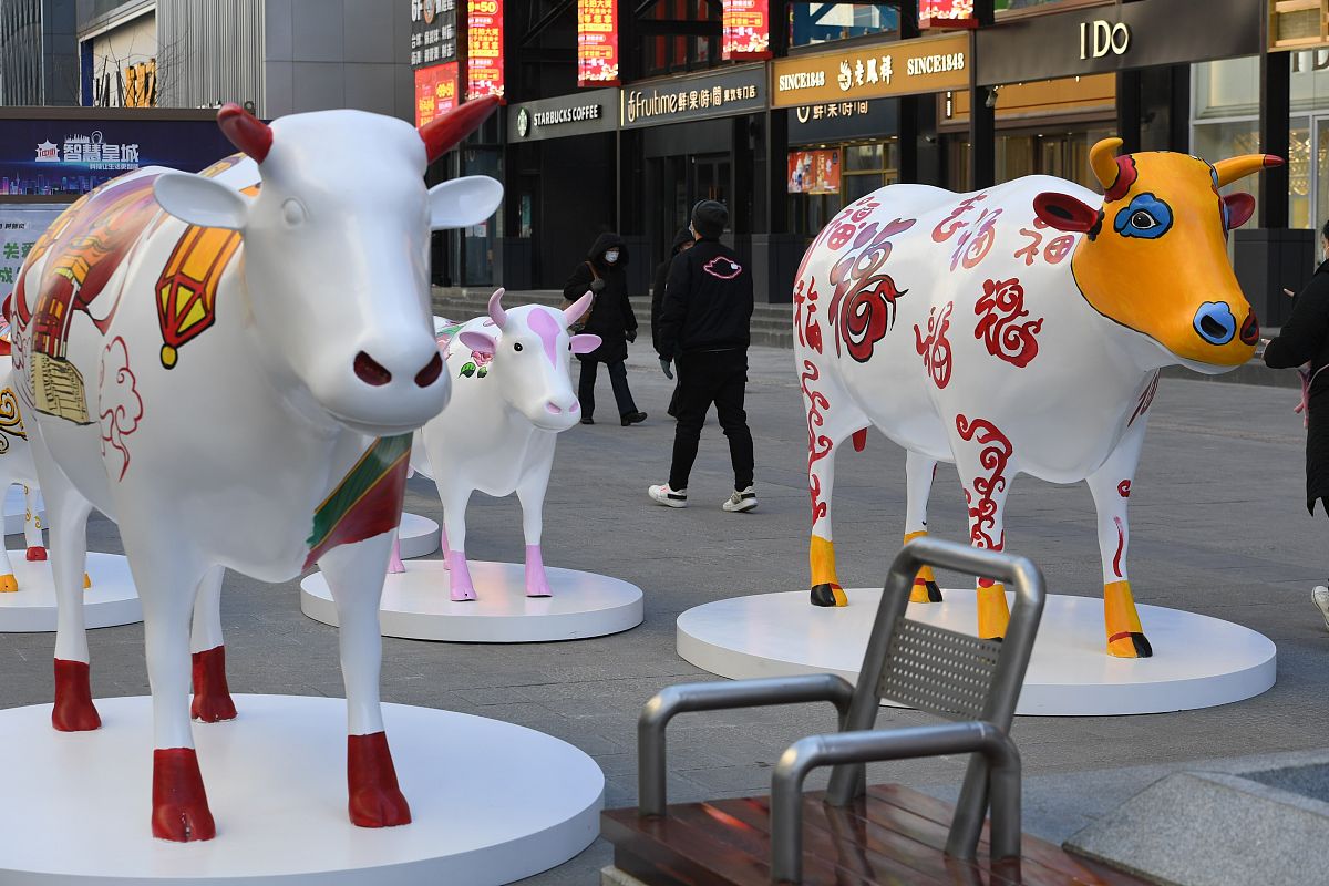 2021年1月1日,在沈阳中街街头,十头"彩牛"与市民见面,引来过往市民纷