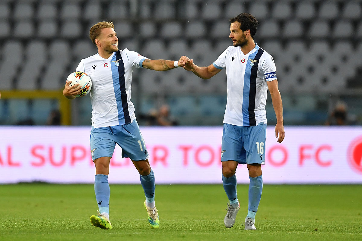 turin, italy - june 30:  ciro immobile (l) of ss lazio celebrate