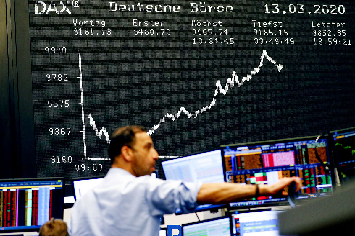 当地时间2020年3月13日,德国法兰克福证券交易所.the dax index curve