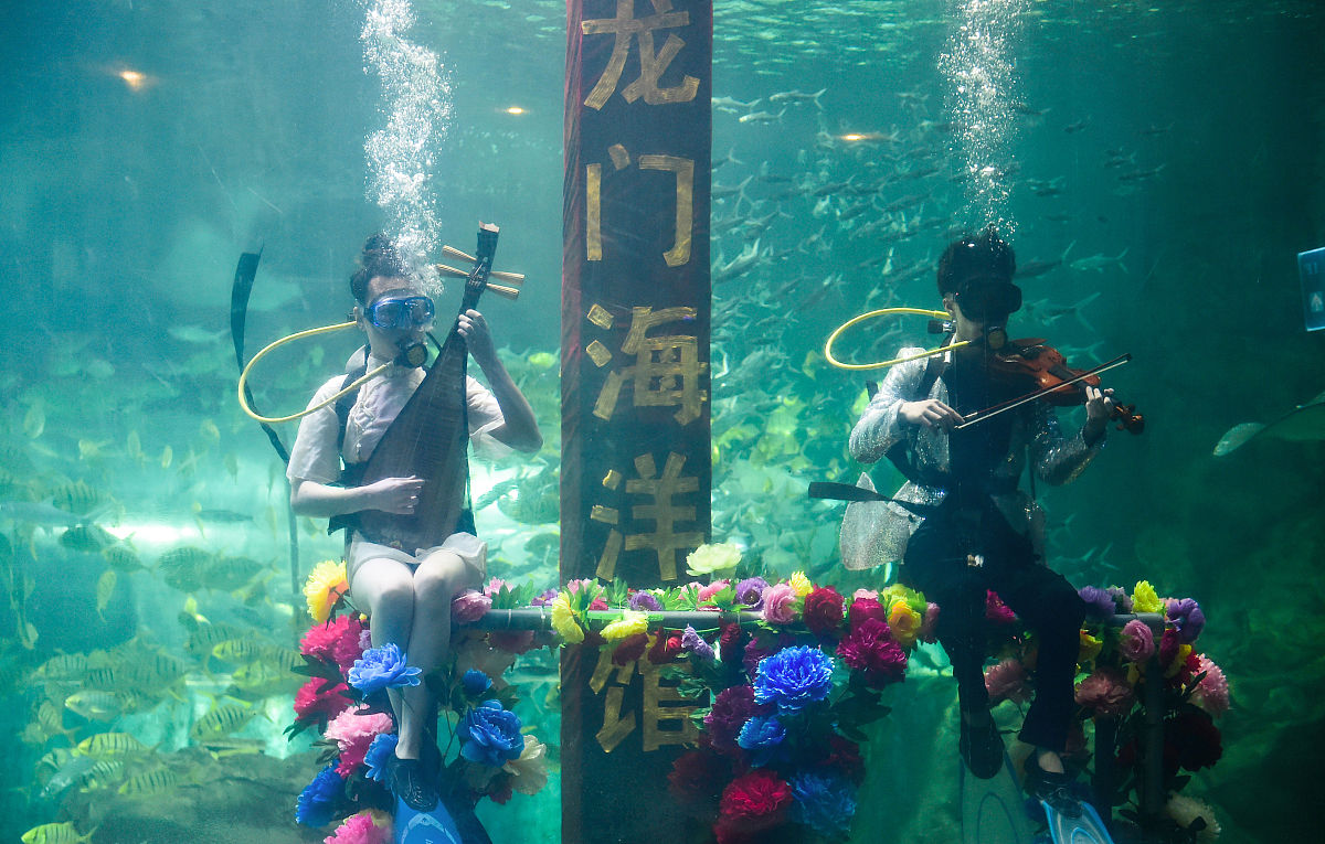 2021年4月17日,在河南洛阳市龙门海洋馆,潜水员们正为游客表演"水下音