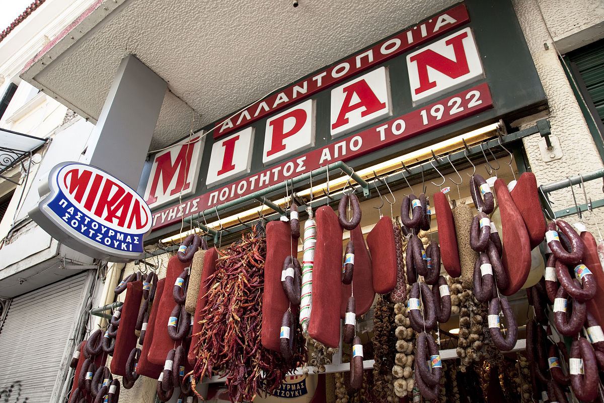 delicatessen selling cured meats and salami in psiri. athens is 