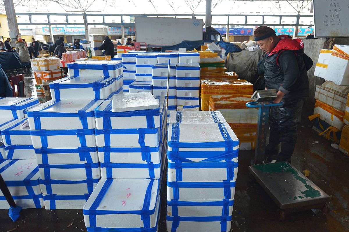 2020年1月6日,青岛,城阳区水产品批发市场进入节前繁忙阶段,种类繁多