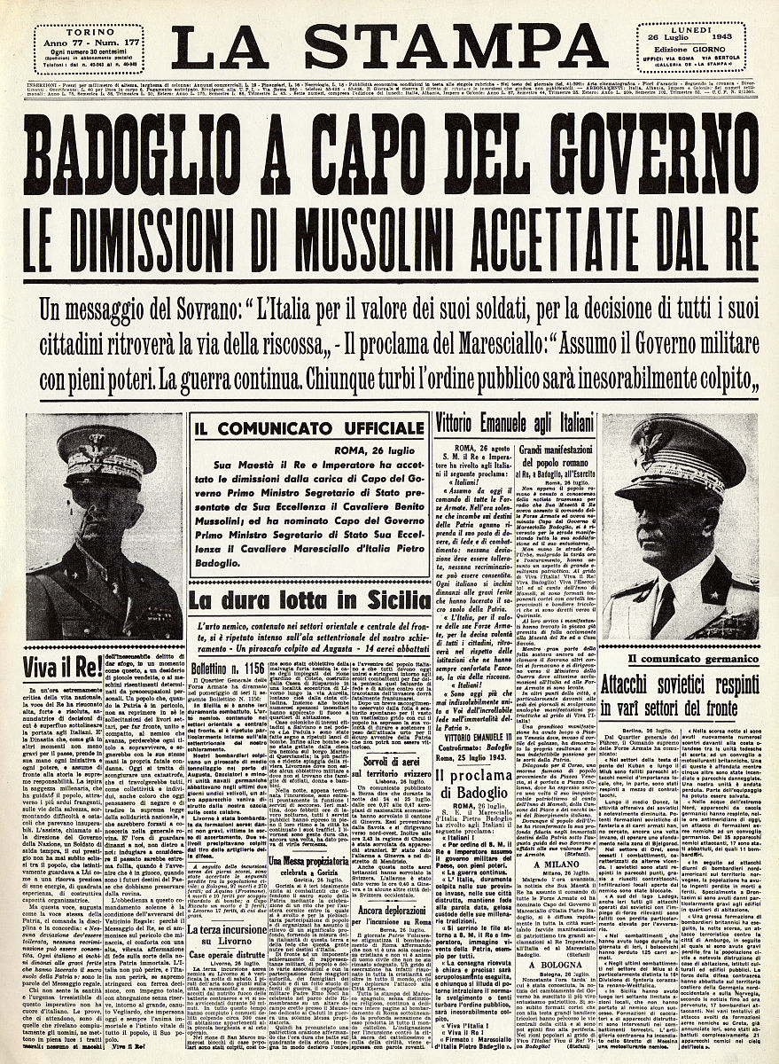 1943年7月26日,意大利的报纸"la stampa"头版报道了陆军元帅巴多格里