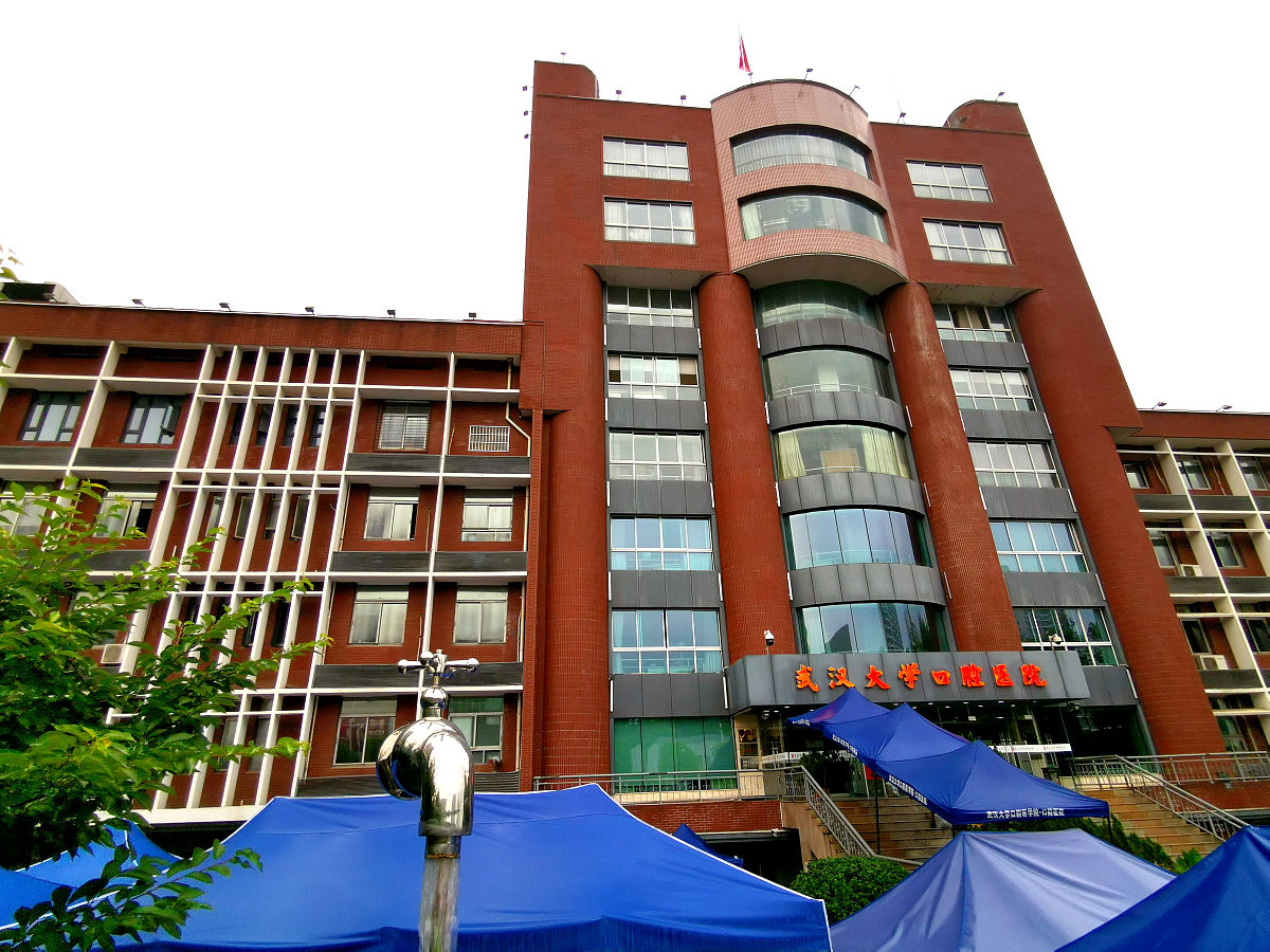 2020年6月5日,武汉大学口腔医院大门前,一组刷牙雕塑中的"自流水"龙头