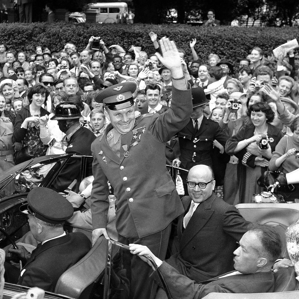 file - in this july 15, 1961 file photo, major yuri gagarin, the