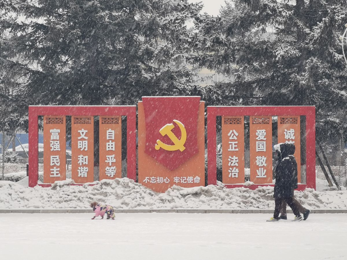 2021年2月6日,吉林延边图们,当地居民在大雪中行走.