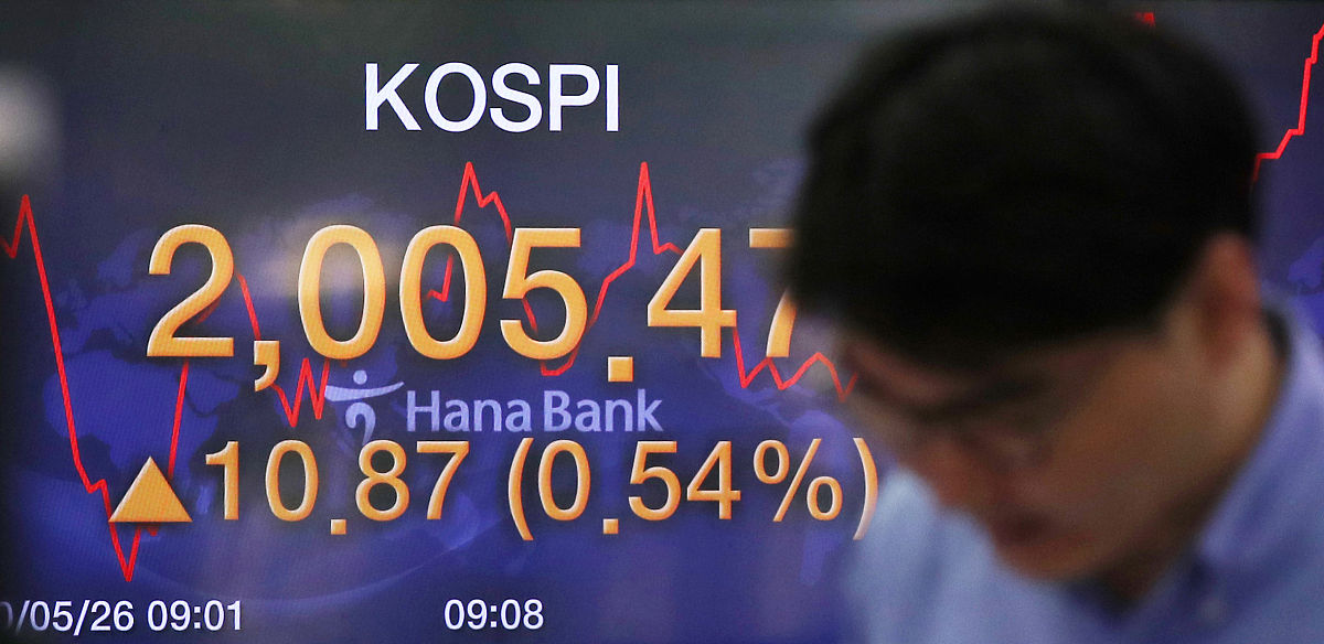 当地时间2020年5月26日,韩国首尔,a银行交易室内显示的kospi指数.  2,