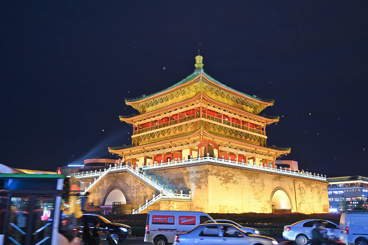 2021年6月18日,陕西西安市,位于古都西安市中心的钟楼,夜景璀璨迷人美