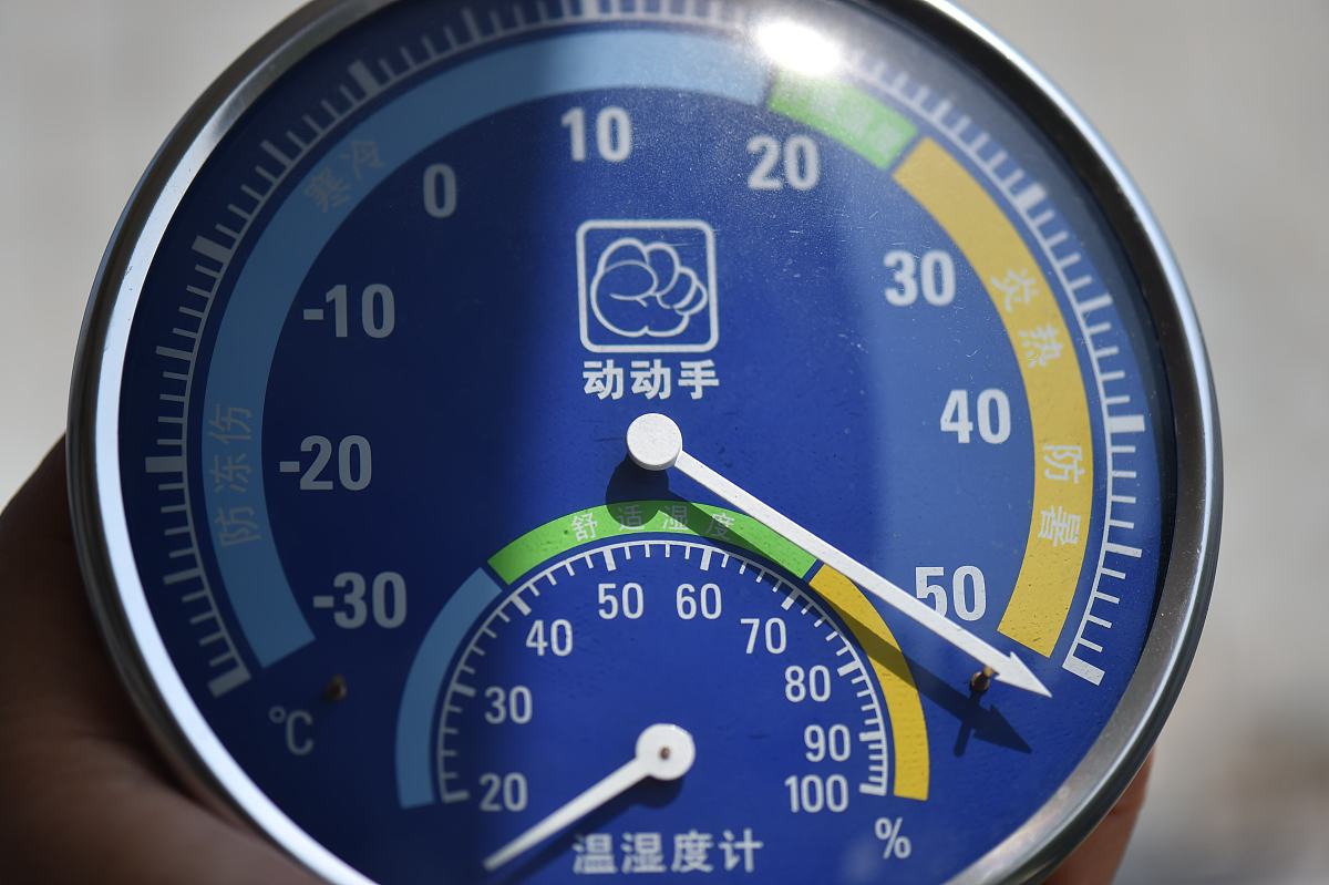2020年5月3日,合肥,在室外,温度表显示气温高达50℃以上.