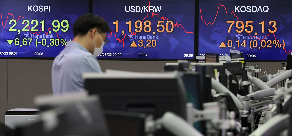当地时间2020年7月23日,韩国首尔,银行交易厅显示的股市信息.    (=) 