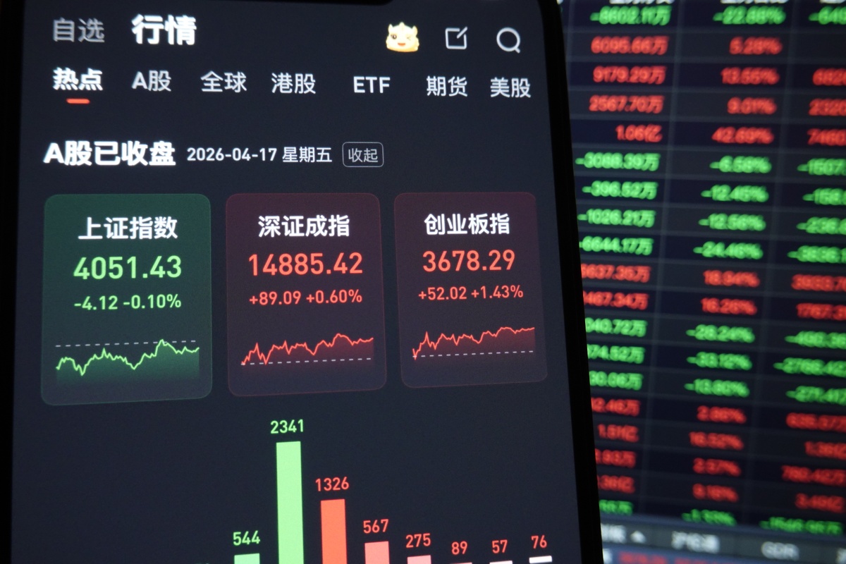 2026年4月17日,江苏海安,股民查看当日a股收盘行情.