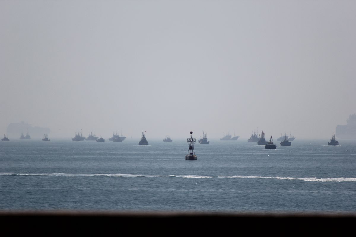 2021年5月17日,山东青岛,渔船在栈桥海域集结应战海上溢油.