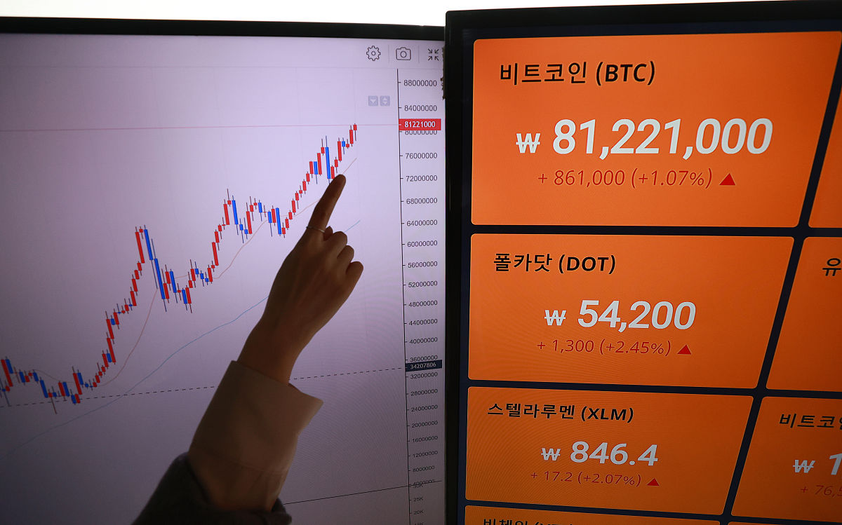 当地时间2021年4月14日,韩国首尔,韩国交易所比特币价格超8100万韩元(