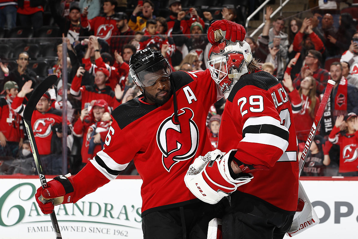 newark, new jersey - november 09: p.k. subban #76 celebrates wit