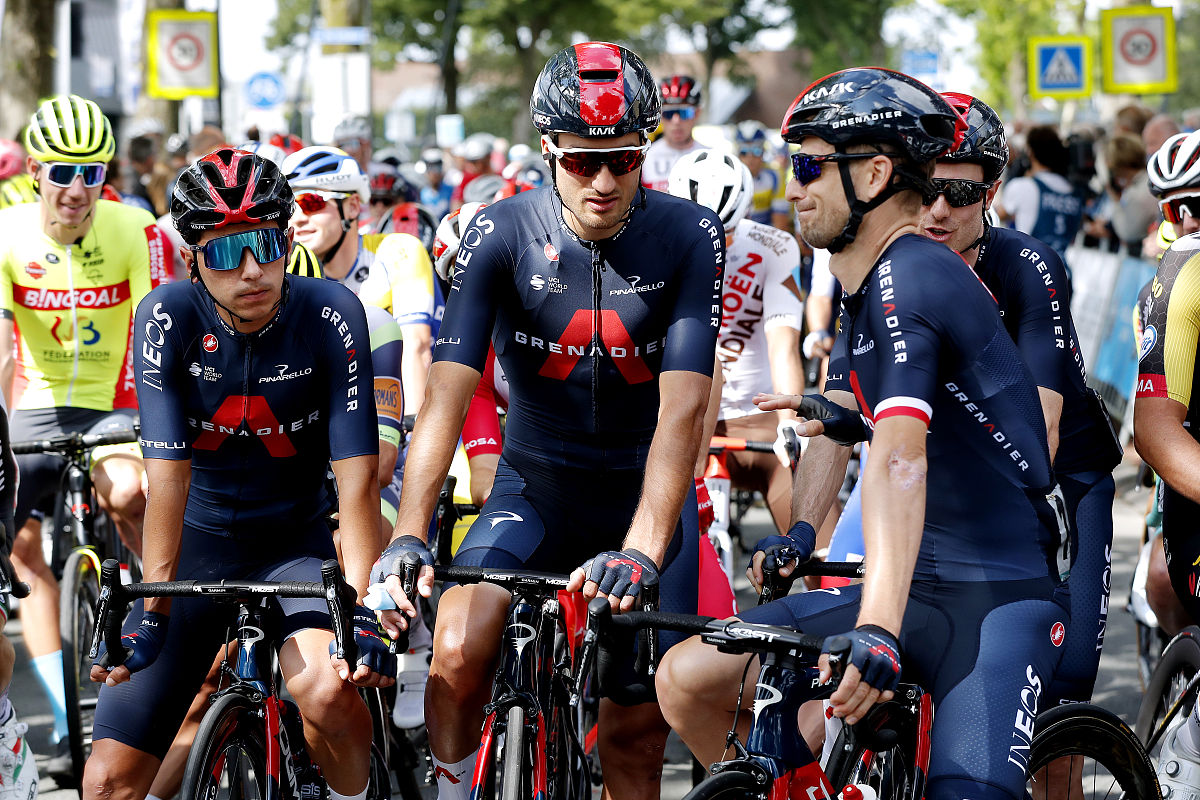 dokku<strong>m</strong>, netherlands - august 30: (l-r) gianni moscon of italy