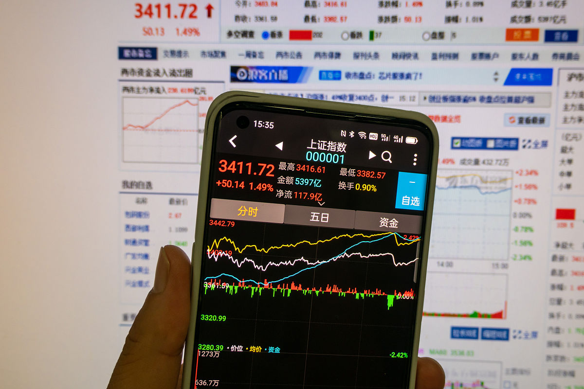 2021年7月29日,上海,下午收盘后,股民通过手机和电脑查看当天股市收盘