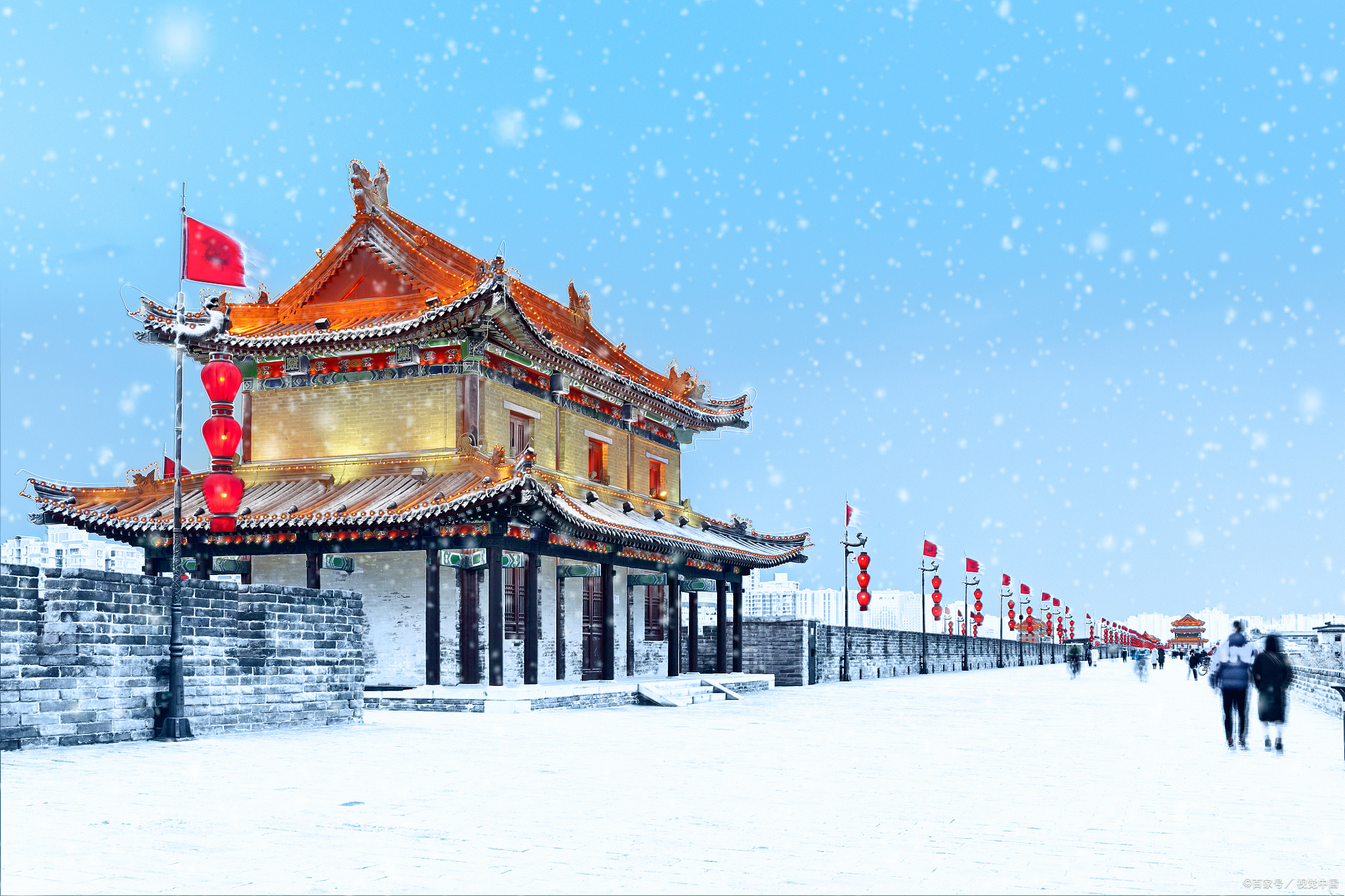 西安古城雪景图片