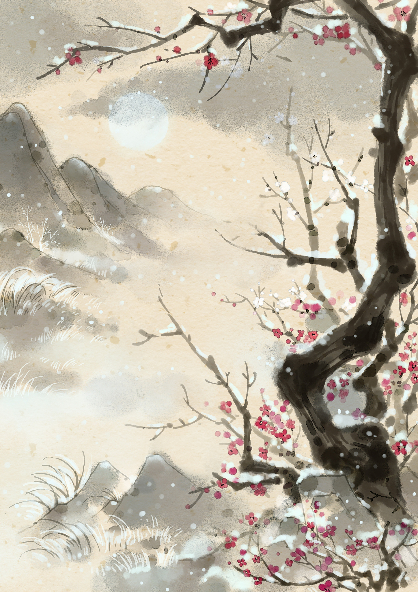 无题  几树雪梅带斜阳,近水青峰影溪傍