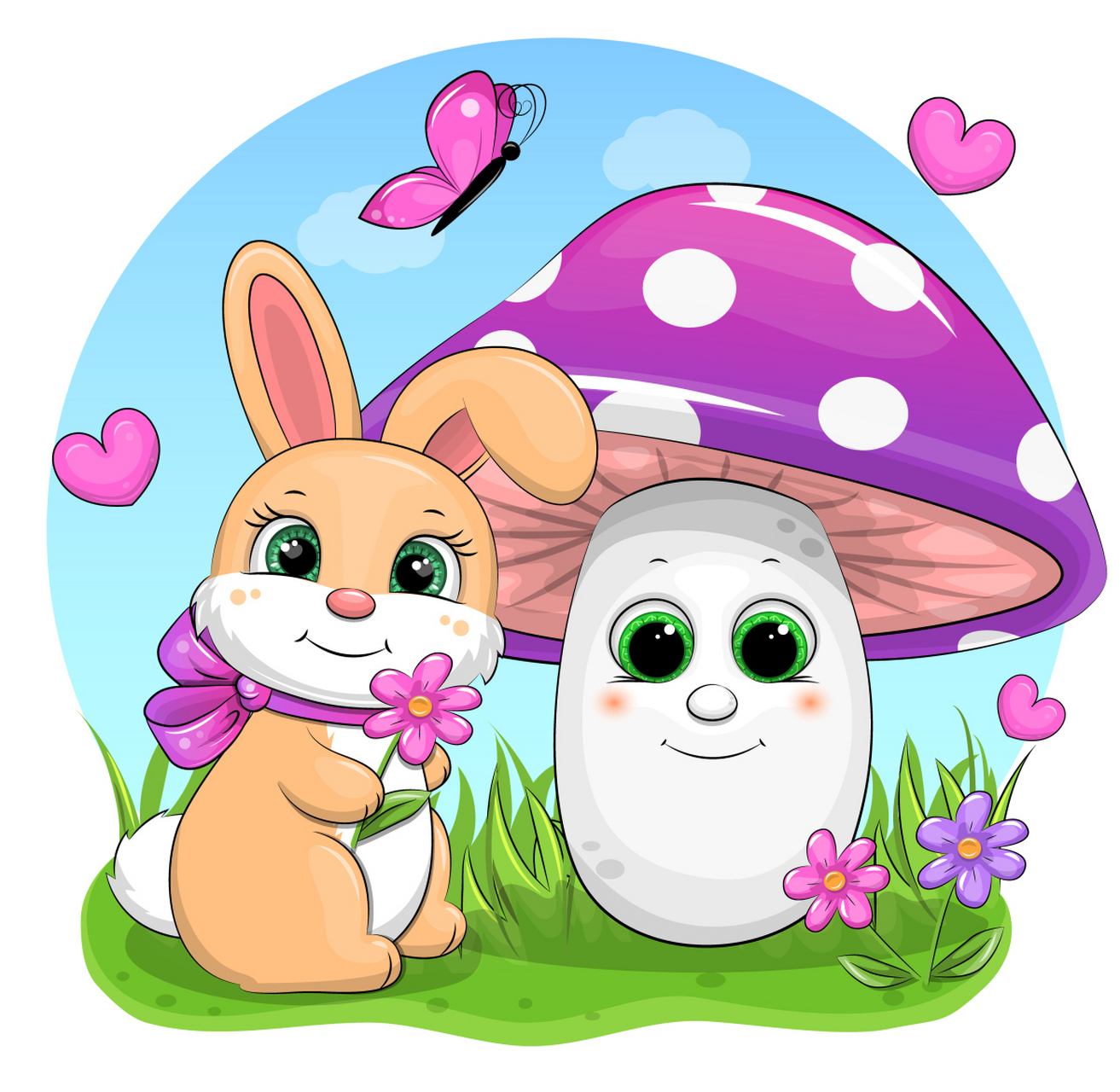 一场春雨过后,森林里的蘑菇愈发大了,小兔拎着篮子,来采蘑菇.