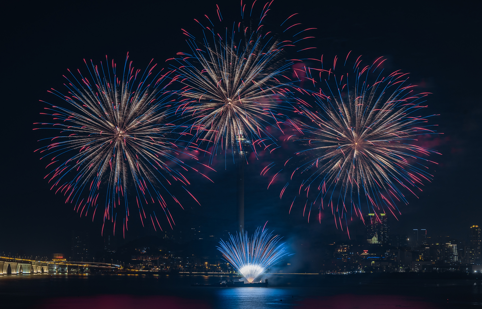 烟花在夜空中绽放,五彩斑斓,绚丽多姿,把整个天空都点亮了.