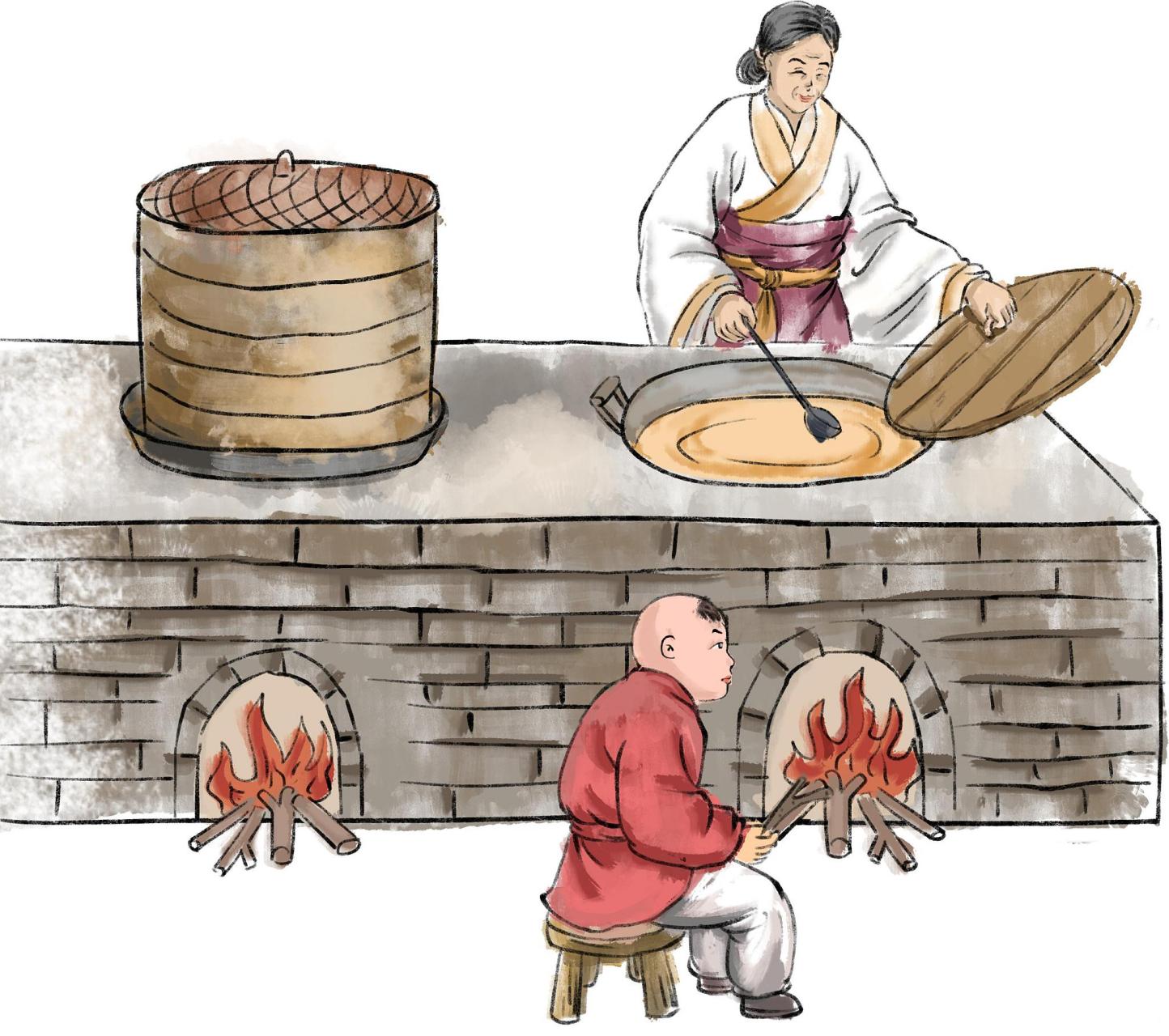 晨炊  古人黎明即起,洒扫庭院,家家户户早起生火做饭,开始一天的生活.