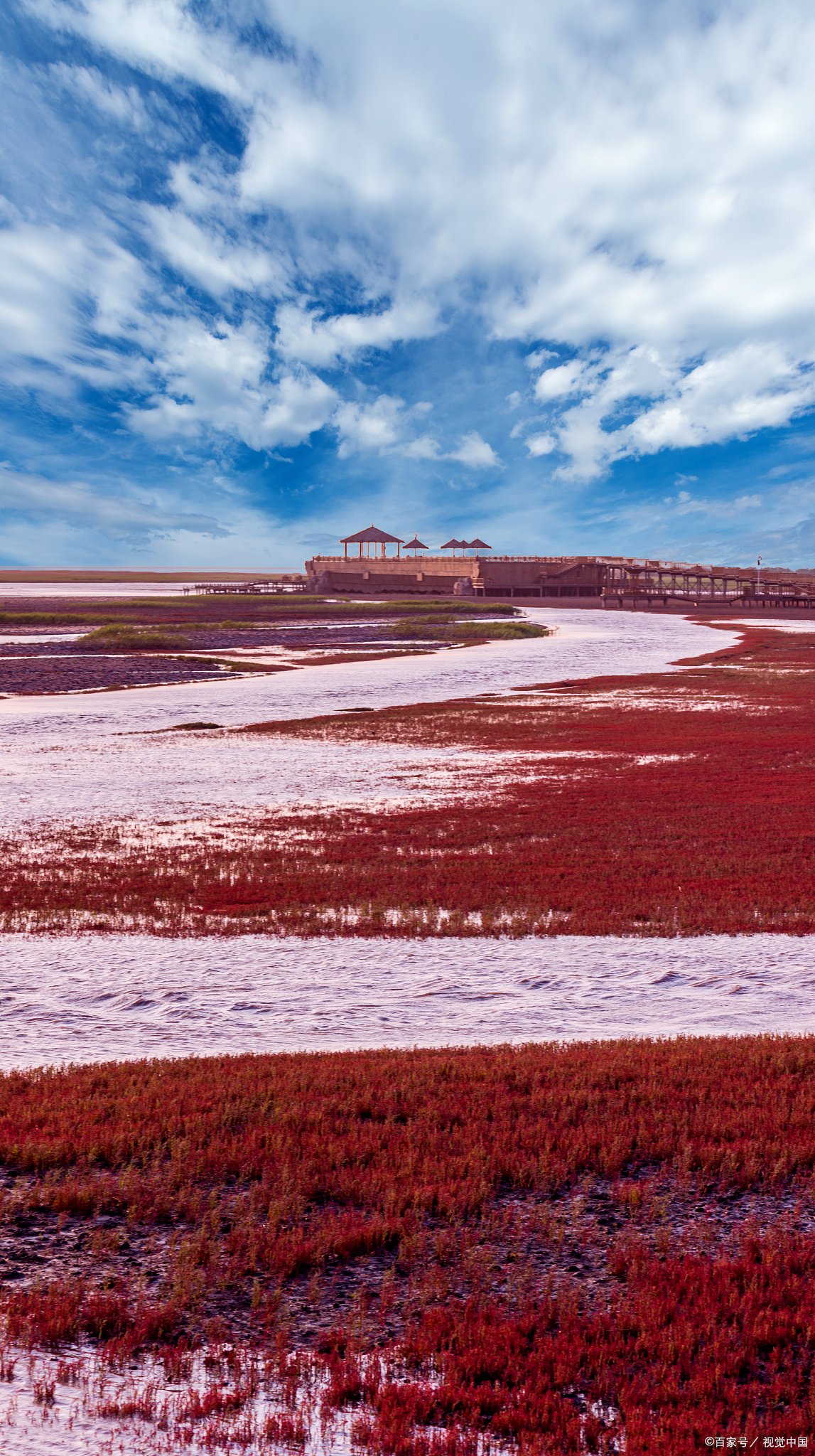 盘锦红海滩是中国辽宁省盘锦市的一处独特景点,以其壮丽的红色沙滩而