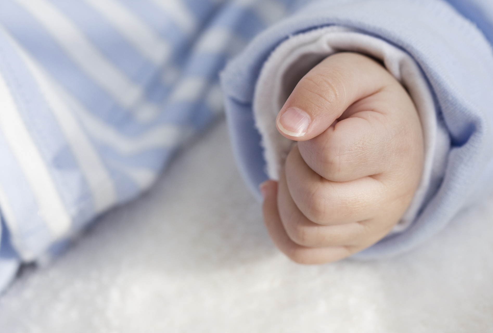 新生婴儿不仅双手握拳,而且手脚呈屈曲状,基本保持在子宫内的姿势.