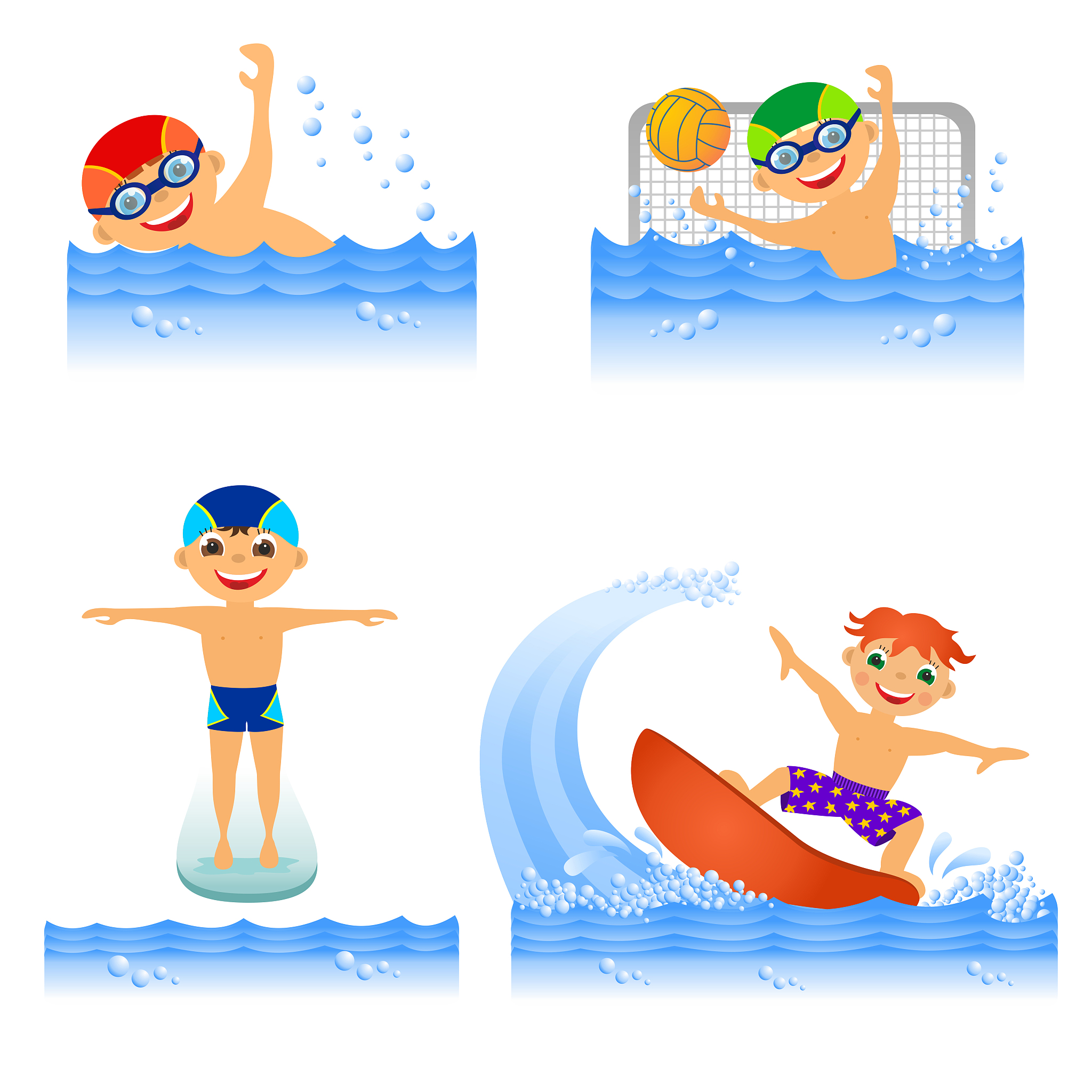 孩子出门水上运动卡通游泳连环画水上运动会项目卡通假期海边游玩