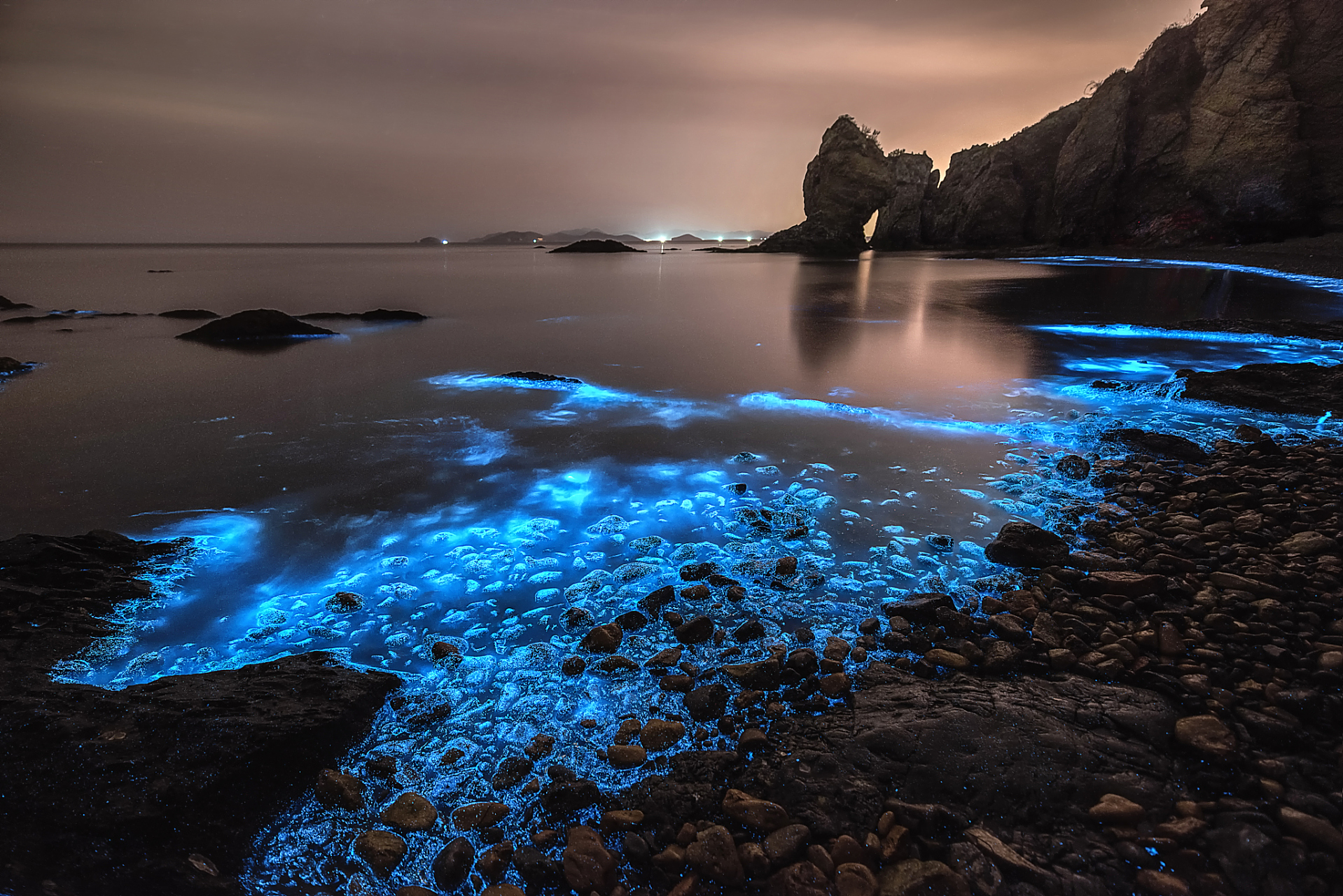 "荧光海滩"又称"火星潮",由发光浮游生物形成,在马尔代夫的海边,无数