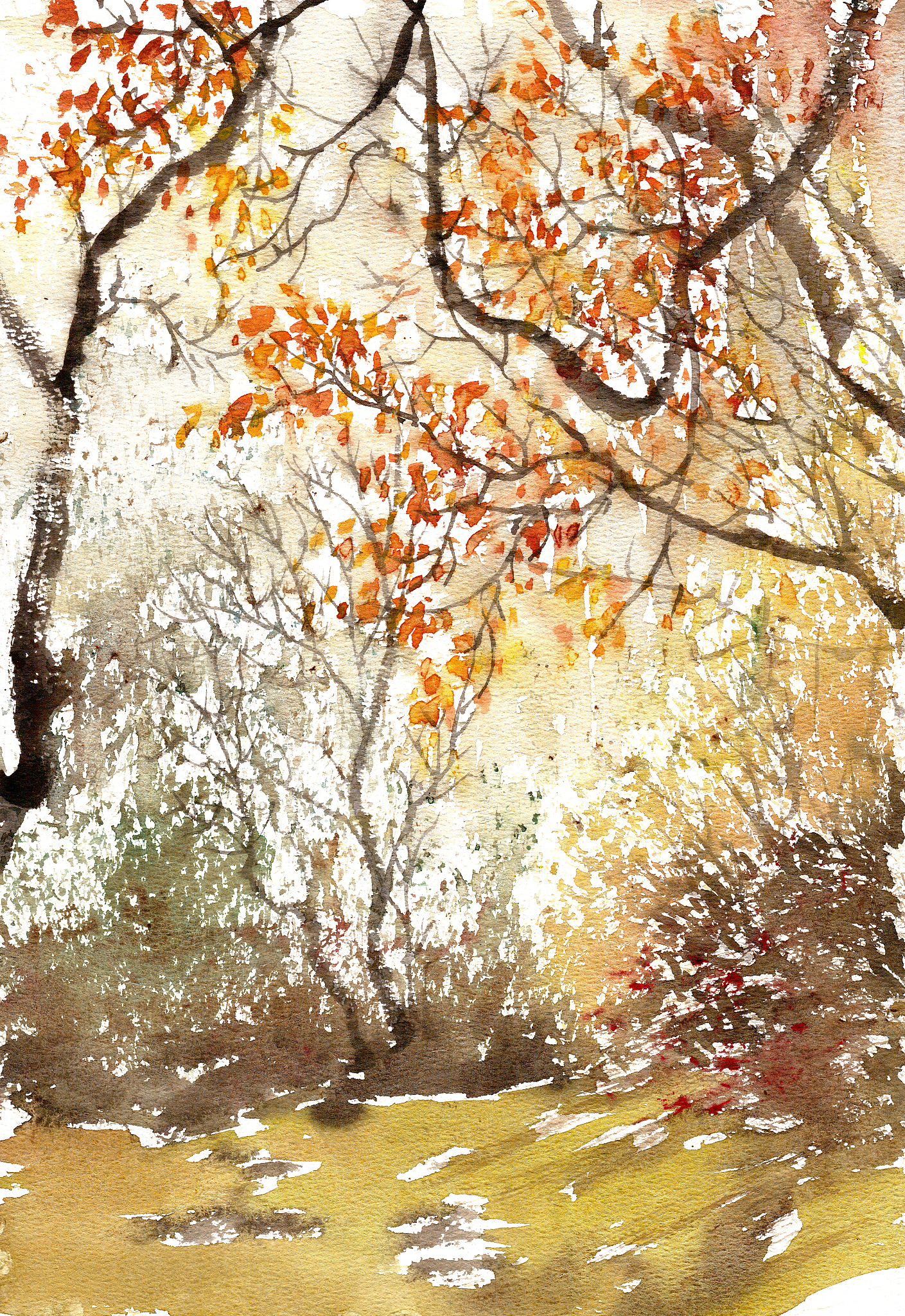 落寞蓟州秋景 画落叶满地古风图片大全萧索的秋天 国画金黄的稻穗绘画