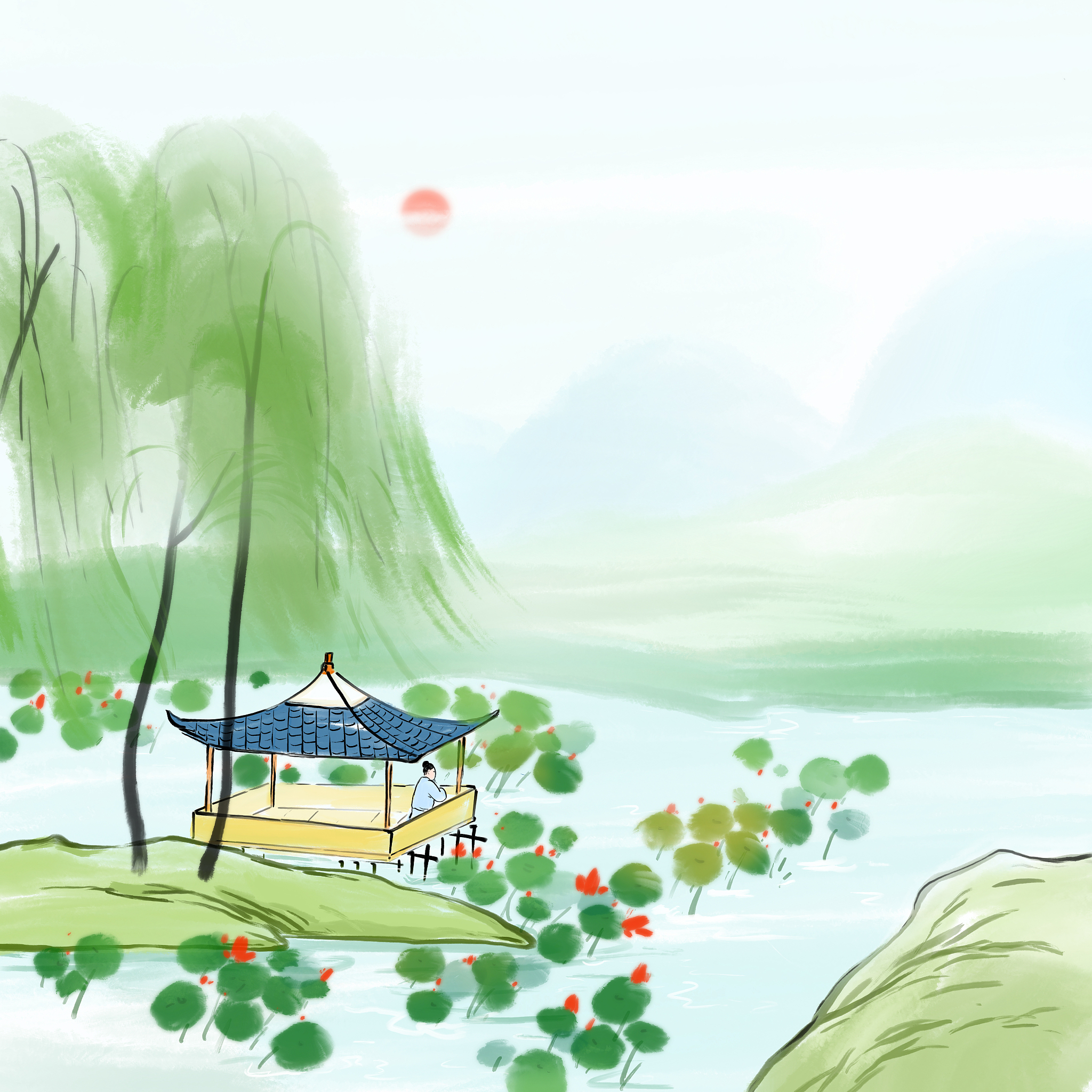 古体诗 江南百花开,春色柳丝裁. 独钓湖光景,鱼游天上来