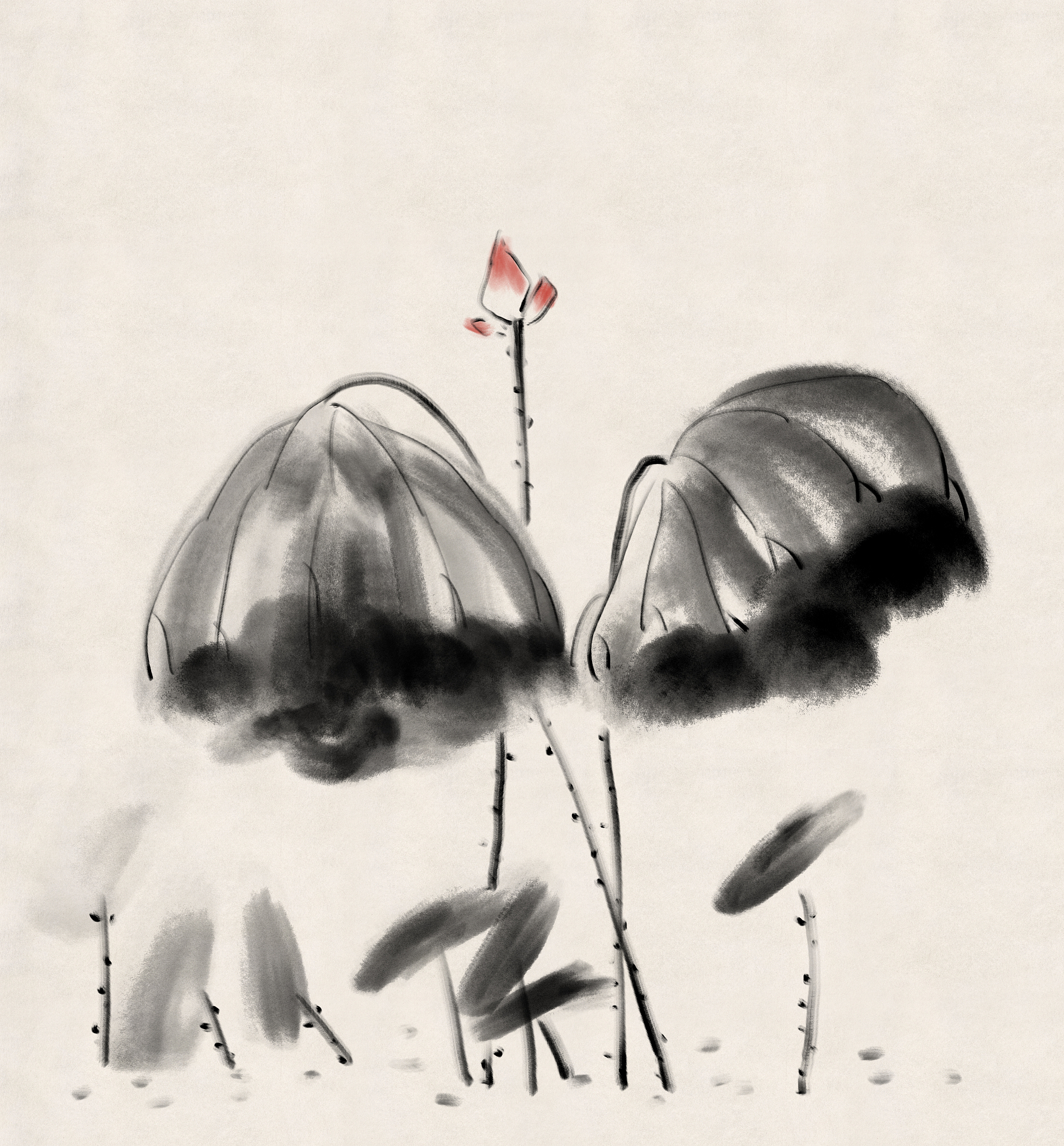 直接用淡墨或青绿色调(以花青,藤黄为主)蘸中国传统美术绘画作品荷叶