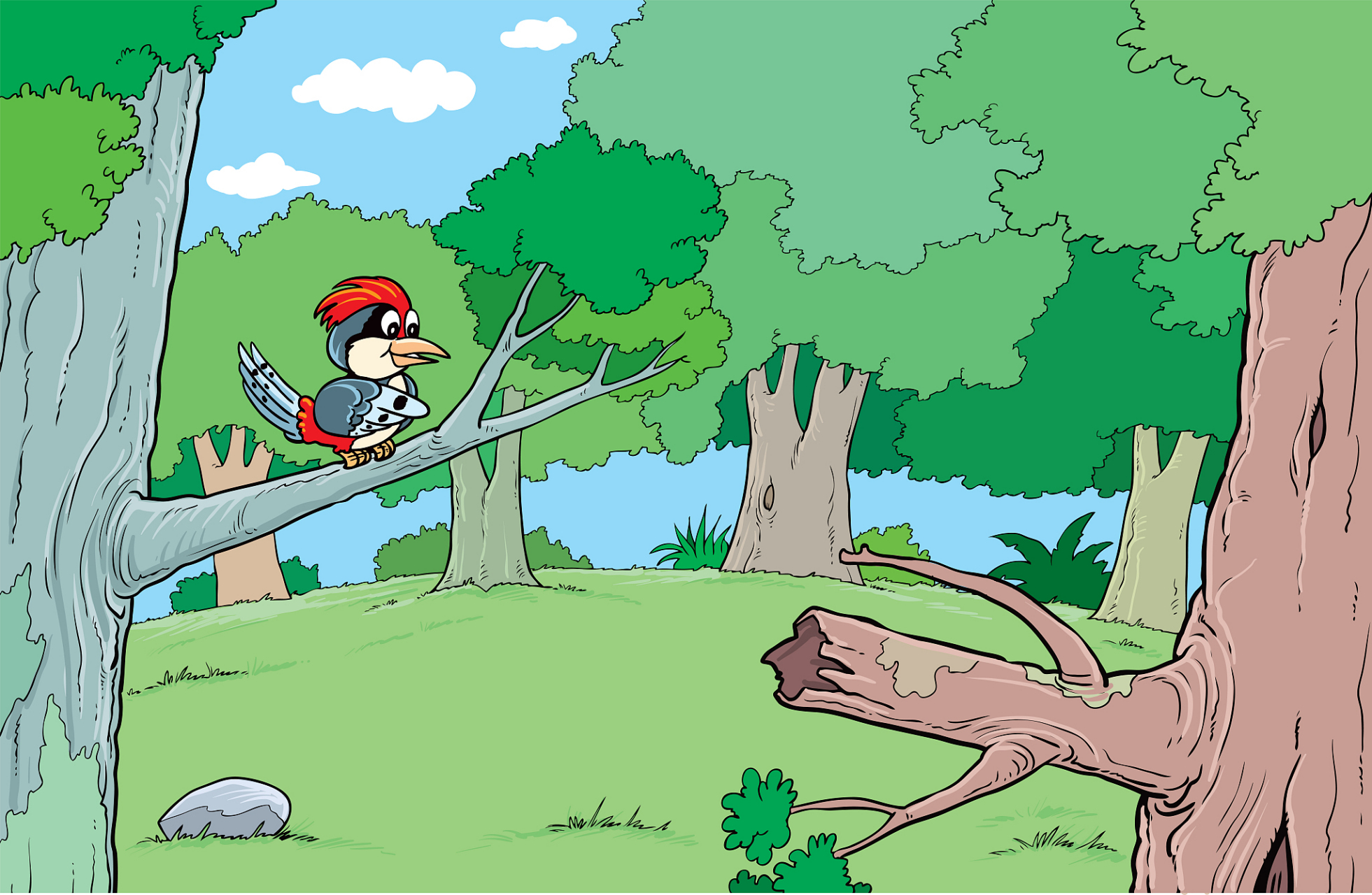 啄木鸟住在一棵高大的枫树上,他在树上搭了一座绚丽多彩的房子